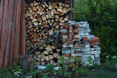 Téléchargez les photos : Vieilles planches peintes, bois de chauffage et briques se trouvent dans la cour arrière - en image libre de droit