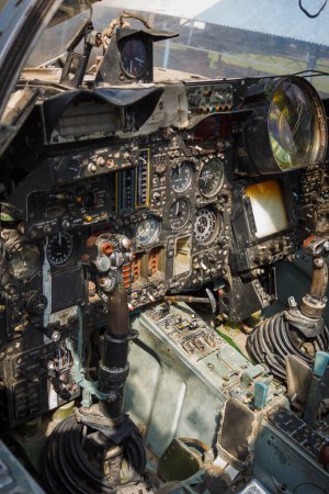 Photo for Lutsk, Ukraine - August 11, 2019: Interior details of the cabin of the Soviet jet bomber. Pilot seat view - Royalty Free Image