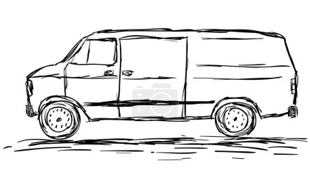Foto de Ilustración dibujada a mano de un coche en lápiz negro sobre un fondo blanco. Dibujo viejo coche furgoneta. - Imagen libre de derechos
