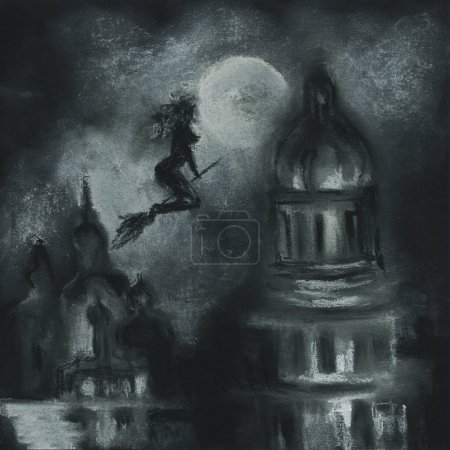 Halloween dark Gothic art drawing. Creepy cute drawing of a Kyiv witch on a broomstick flying in the night sky above the church. Horror Goth weird drawing of witch silhouette. Evil dark fantasy picture. Bizarre spooky scene black and white square art