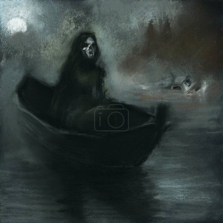 Original drawing depicting the Grim Reaper in a haunting form. She is rendered in a strikingly terrifying manner, with exposed bones and a presence that chills the soul, floating in a boat, silently collecting the souls of drowned sailors.