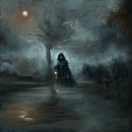 Halloween Dark Gothic drawing of the Grim Reaper as a faceless entity, cloaked in a deep hood. In its grasp, a lantern flickers, casting an eerie glow to the darkness. Despite the presence of water nearby, the figure's reflection is evidently absent