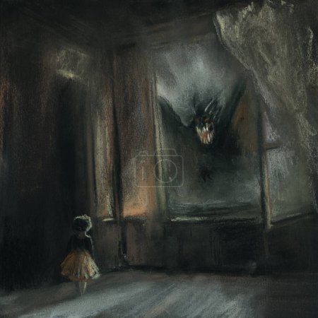 Halloween dibujo de arte original gótico oscuro. Un espeluznante demonio dragón con alas y colmillos vuela a través de una ventana abierta hacia una niña inocente. Imagen cuadrada negra gótica macabra. Medios tradicionales pastel crayones arte.