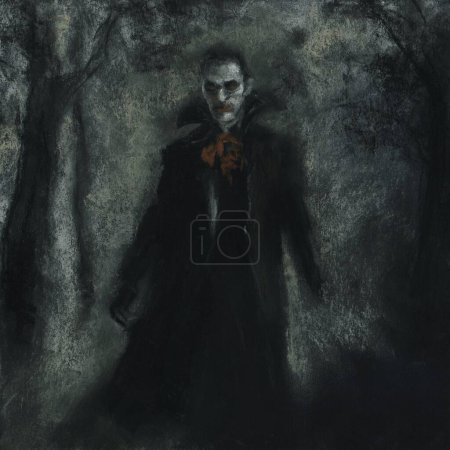 Halloween dibujo de arte original gótico oscuro. Un hombre vampiro siniestro acechando en bosques espeluznantes. Imagen cuadrada negra gótica macabra. Medios tradicionales pastel crayones arte.