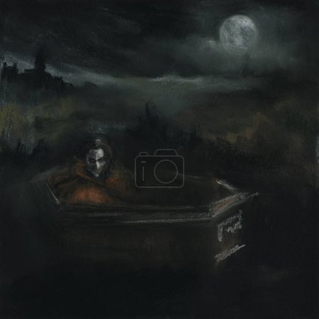 Halloween dark Gothic original art drawing. A sinister vampire man awakens in his coffin. Macabre Goth black square image. Traditional media pastel crayons art.