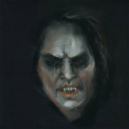 Halloween dibujo de arte original gótico oscuro. Un siniestro vampiro macho con colmillos grandes. Imagen cuadrada negra gótica macabra. Medios tradicionales pastel crayones arte.