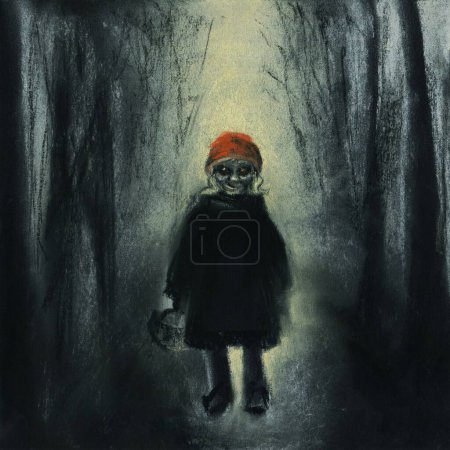 Halloween dark Gothic original art drawing. Sinister Little Red Riding Hood creature. Creepy cute child girl Goth black square image. Traditional media pastel crayons art.