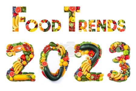 Photo for New year 2023 food trends. New Year 2023 made of vegetables, fruits and fish on white background. New years 2023 healthy food. 2023 resolutions, healthy eating, sustainable, goals concep - Royalty Free Image