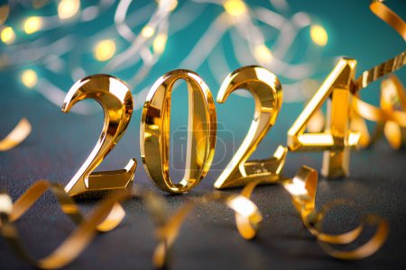 Frohes neues Jahr 2024 Hintergrund Neujahrsferien Karte mit leuchtenden Lichtern, festliche Dekorationen. 2024 Neujahrshintergrund, 2024 Festkarte 