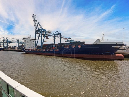 Photo for Panoramic picture from port Rotterdam with transport ships during daytime - Royalty Free Image