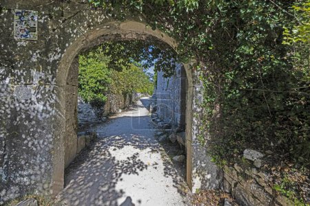 Foto de Vista a través de una puerta curva ensanchada sobre un camino sin pavimentar en una ruina medieval del castillo durante el día - Imagen libre de derechos