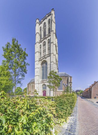 Picture of the cathedral of Brielle in Holland with bell tower in front of a blue sky in summer