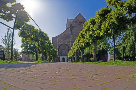 Picture of the cathedral of Brielle in Holland along an avenue of trees against a blue sky in summer