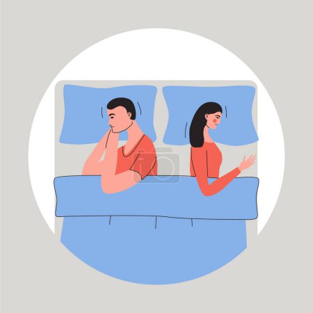 Sexuelle oder eheliche Probleme, Unstimmigkeiten. Ein junges Paar liegt nebeneinander auf dem Bett und ignoriert einander. Flache Vektorabbildung.