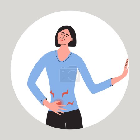 Illustration for Women feeling pain of the right side of abdomen. Appendicitis, liver disease symptom. Flat vector medcal illustration. - Royalty Free Image