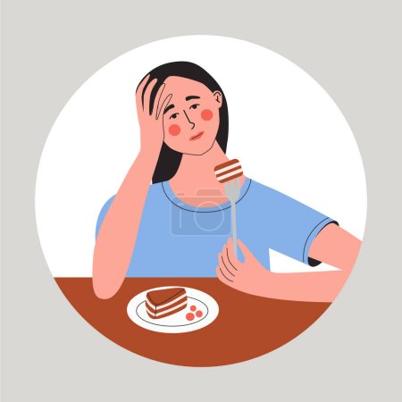 Young women loss of appetite. Female feel not hungry. Girl unable to eat. Flat vector illustration.