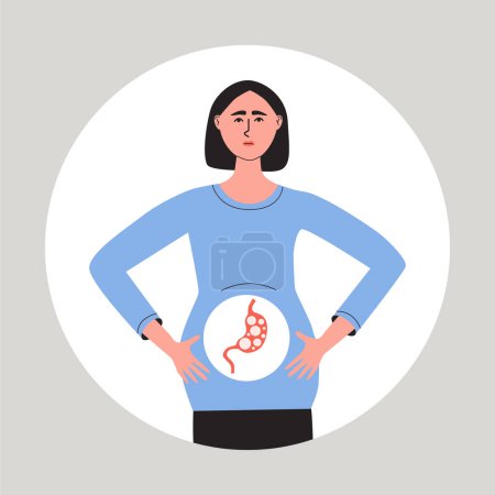 Young woman suffering fom abdominal bloating. Female with flatulence. Gastroenterology disease concept. Fat vector medical illustration.