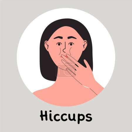 Illustration for Hiccups concept. Young woman confused and trying to stop hiccups. Female covered her mougth with hand. Flat vector illustration. - Royalty Free Image