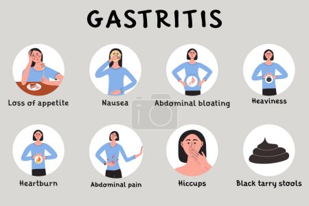 Illustration for Young woman with gastritis symptoms and early signs. Female with diarrhea, nausea, vomiting. Infografic with patient character. Problem with digestive system Flat vector medical illustration. - Royalty Free Image