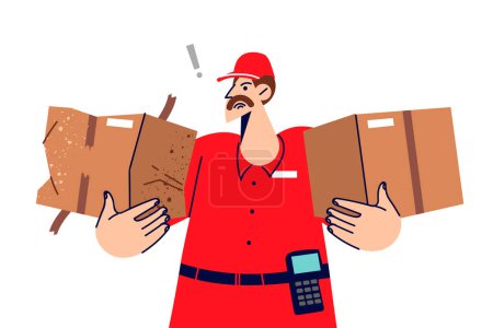 Illustration for Clumsy courier damaged and dented one of boxes, delivering or moving parcel to another warehouse. Confused guy from courier service does not know how to deal with spoiled when transporting goods - Royalty Free Image