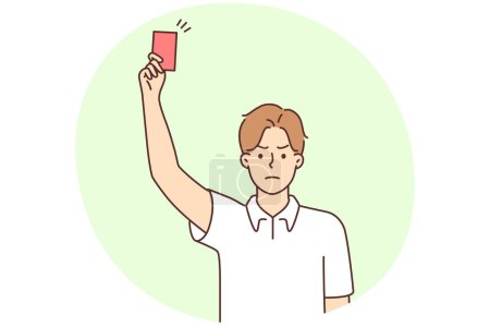 Illustration for Angry young male referee showing red card at football field. Mad man judge make warning during game. Vector illustration. - Royalty Free Image