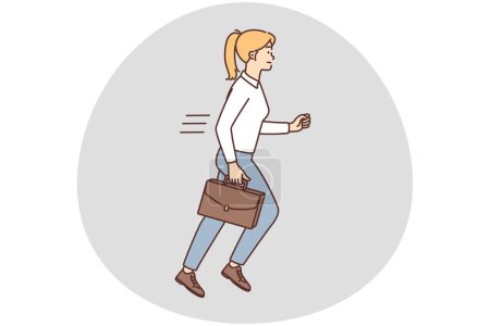 Illustration for Businesswoman with briefcase in rush to work. Female employee or worker in hurry running to office. Meeting deadline and being on time. Vector illustration. - Royalty Free Image