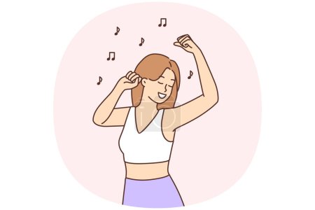 Illustration for Overjoyed girl have fun dancing listening to nice music. Smiling young woman make dance moves. Hobby and entertainment. Vector illustration. - Royalty Free Image