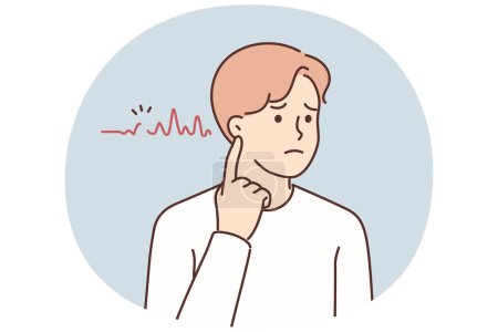 Illustration for Unhealthy man with sound waves near ear. Unwell guy suffer from hearing disability. Health problem. Vector illustration. - Royalty Free Image