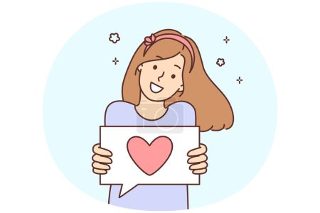 Illustration for Smiling girl show heart drawing on paper share love and care to world. Happy child demonstrate sign feel grateful and thankful. Vector illustration. - Royalty Free Image