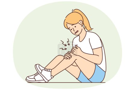 Unhealthy girl sit on ground suffer from knee pain. Unhappy unwell woman struggle with leg injury or trauma. Vector illustration.
