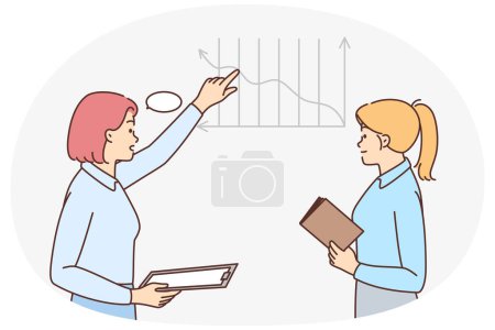 Illustration for Businesswomen discuss diagram on board in office. Employees or colleagues engaged in teambuilding activity brainstorm in boardroom. Vector illustration. - Royalty Free Image