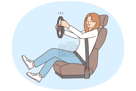 Téléchargez les illustrations : Une jeune femme souriante assise sur une chaise apprend à conduire. Fille heureuse avec volant dans la voiture d'entraînement des mains. Concept de leçons de conduite. Illustration vectorielle. - en licence libre de droit