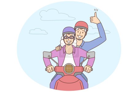 Illustration for Happy elderly couple driving on motorbike. Smiling energetic mature man and woman have fun enjoy motorcycle ride outdoors. Vector illustration. - Royalty Free Image