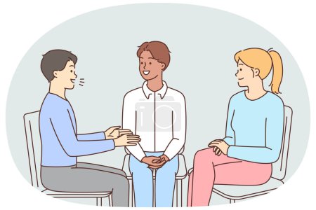 Illustration for Smiling people sitting in circle talking or sharing ideas. Happy men and women during psychological session or teambuilding indoors. Communication. Vector illustration. - Royalty Free Image