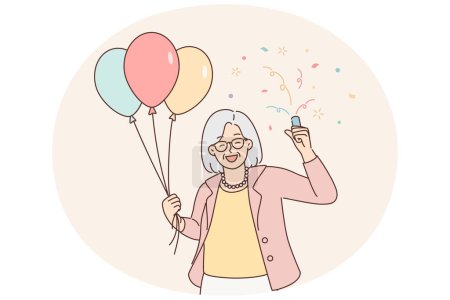 Illustration for Overjoyed elderly woman with balloons in hands celebrate birthday. Smiling aged grandmother enjoy anniversary feel positive and optimistic. Vector illustration. - Royalty Free Image