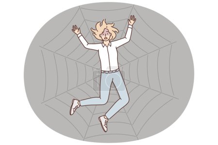 Illustration for Stressed businesswoman trapped in spider web. Scared frustrated female employee in cobweb suffer from despair. Vector illustration. - Royalty Free Image