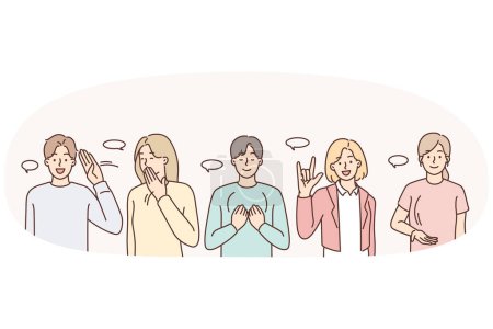 Illustration for Diverse people communicate using sign language. Smiling men and women communication with gestures and symbols. Disability concept. Vector illustration. - Royalty Free Image