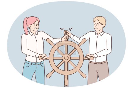 Illustration for Colleagues hold ship steering wheel move in different directions. Stubborn coworkers follow opposite business goals. Teamwork problems. Vector illustrations. - Royalty Free Image