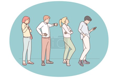 Illustration for Stressed diverse people stand in queue. Distressed anxious men and women waiting in line. Vector illustration. - Royalty Free Image
