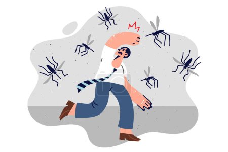 Illustration for Runs away from swarm of mosquitoes, fearing being bitten and contracting malaria from parasites. Guy experiences panic attack seeing giant mosquitoes, needs to buy chemical bug spray - Royalty Free Image