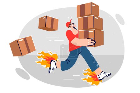 Illustration for Man courier from express delivery company runs with cardboard boxes in hurry to delivery order to client. Express logistics and transportation of goods to satisfy consumers from online store - Royalty Free Image