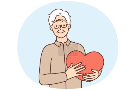 Illustration for Happy older man holding big heart in hands feeling thankful and grateful. Smiling mature grandfather show love and support. Charity and gratitude. Vector illustration. - Royalty Free Image