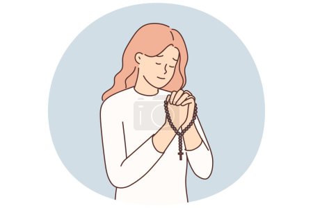 Illustration for Religious woman with rosary in hands praying. Calm female believer pray to God holding beads. Faith and religion. Vector illustration. - Royalty Free Image