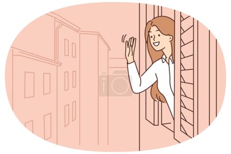 Ilustración de Jovencita sonriente mira por la ventana saludando. Feliz mujer en el apartamento saluda a alguien en la calle. Ilustración vectorial. - Imagen libre de derechos