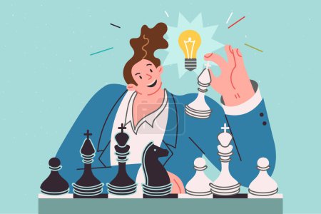 Geschäftsmann spielt Schach, kommt auf eine neue Idee für strategische Entwicklung im Unternehmen, sitzt mit Glühbirne über dem Kopf. Konzeptionelle Bedeutung von strategischem Denken und innovativen Ideen im Management