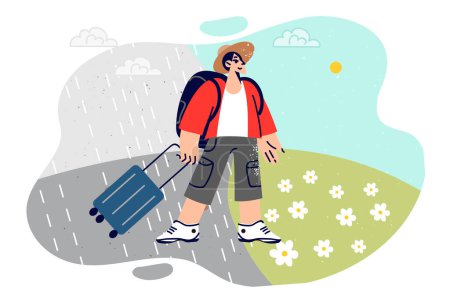 Illustration for Man travels and sees climate change after trip to south during vacation, standing with tourist suitcase. Smiling guy changes climate zone by moving from rainy area to sunny region. - Royalty Free Image