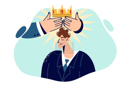 Illustration for Business man receives golden crown from hands of boss as sign of gratitude for achieving success in career. Business guy gets well-deserved reward after valiant productive and efficient work - Royalty Free Image