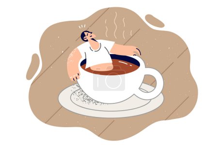 Téléchargez les illustrations : L'homme détendu est assis à l'intérieur d'une grande tasse de café, éprouvant un bonheur de détente et d'énergie pour améliorer les performances. Guy se baigne dans le café chaud pour gagner de l'énergie et de la force avant de commencer la journée de travail. - en licence libre de droit