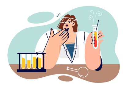 Illustration for Woman chemist experiments with test tubes, sitting at laboratory table and making surprised grimace. Girl chemist in white coat experiences shock seeing reaction of reagents when mixed - Royalty Free Image
