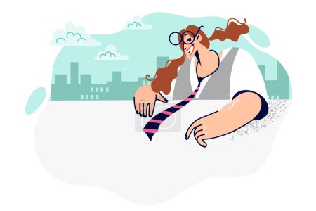 Illustration for Woman teacher is showing blank billboard inviting to get education at college or university. Girl tutor provides services for preparing for exams and getting education, dressed in tie and glasses - Royalty Free Image